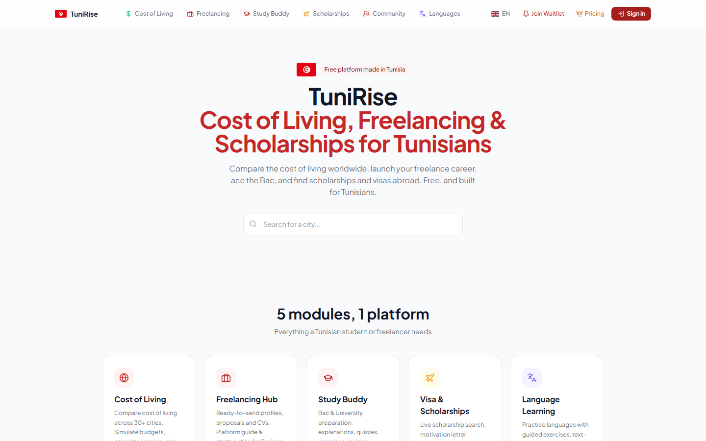 TuniRise homepage